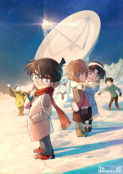 Rule 34 | 2girls, 3boys, absurdres, artist name, black-framed eyewear, black hair, black pants, black pantyhose, blue coat, blue eyes, boots, brown boots, brown hair, closed mouth, coat, commentary request, edogawa conan, from side, full body, glasses, glint, gloves, green hoodie, haibara ai, hairband, hand in pocket, highres, holding, holding snowball, hood, hood down, hoodie, jacket, kojima genta, long sleeves, looking at viewer, meitantei conan, multiple boys, multiple girls, open mouth, outdoors, pants, pantyhose, parabolic antenna, qr code, red coat, red scarf, red shoes, scarf, shoes, short hair, sky, smile, snow, snowball, snowball fight, snowman, standing, star (sky), starry sky, tsuburaya mitsuhiko, white coat, white gloves, white hairband, winter, winter clothes, yellow jacket, yellow scarf, yoshida ayumi, you shimizu