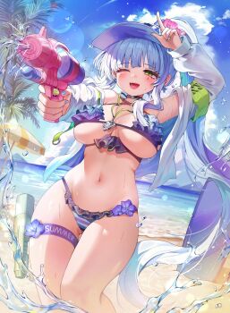armband beach bikini breasts cross cross-laced_bikini cross-laced_clothes cross_earrings earrings flower frilled_bikini frills girls&#039;_frontline girls&#039;_frontline_2:_exilium green_armband hair_flower hair_ornament highres hk416_(girls&#039;_frontline) holding holding_water_gun jacket jewelry klukai_(cerulean_breaker)_(girls&#039;_frontline_2) klukai_(girls&#039;_frontline_2) large_breasts long_hair nail_polish navel necklace_between_breasts nyan_(nyan12309) official_alternate_costume one_eye_closed open_clothes open_jacket ponytail smile swimsuit tattoo teardrop teardrop_facial_mark teardrop_tattoo thigh_strap visor_cap water_gun wet white_hair