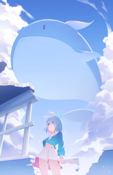1girl absurdres arms_behind_back arona_(blue_archive) artist_request blue_archive blue_eyes blue_hair blue_serafuku bow braid choker closed_mouth cloud cloudy_sky colored_inner_hair female_focus from_below gun hair_bow hair_over_one_eye hair_ribbon highres holding holding_gun holding_weapon huge_filesize legs loli looking_up midriff miniskirt multicolored_hair navel pink_hair pleated_skirt ribbon sailor_collar school_uniform serafuku sexually_suggestive skirt sky solo solo_focus stomach thighs two-tone_hair upskirt weapon whale white_bow white_choker white_ribbon white_sailor_collar white_skirt