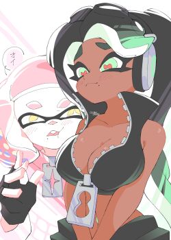 +_+ 2girls bare_shoulders black_hair blush breasts cleavage crop_top dark-skinned_female dark_skin fingerless_gloves gloves green_eyes green_hair headphones inkling large_breasts long_hair marina_(splatoon) mira_2420 multiple_girls nintendo octoling pearl_(splatoon) pink_hair short_hair sleeveless splatoon_(series) splatoon_2 tentacle_hair very_long_hair yellow_eyes