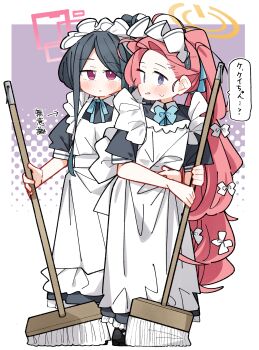 2girls absurdres apron arrow_(symbol) black_dress black_hair black_shoes blue_archive blue_bow blush bow broom collared_dress commentary_request dash_b dress forehead frilled_apron frills hair_bow halftone halftone_background halo hand_on_another&#039;s_waist highres holding holding_broom kei_(blue_archive) long_hair maid maid_apron maid_headdress multiple_girls official_alternate_costume official_alternate_hairstyle parted_bangs parted_lips ponytail power_symbol puffy_short_sleeves puffy_sleeves purple_background purple_eyes red_hair shoes short_sleeves small_sweatdrop sweat translation_request two-tone_background very_long_hair white_apron white_background white_bow yuzu_(blue_archive) yuzu_(maid)_(blue_archive)