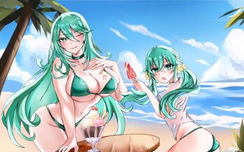 2girls beach bikini blue_sky blush breasts choker cleavage cloud cosplay date_a_live flower food green_bikini green_choker green_eyes green_hair hair_between_eyes hair_flower hair_ornament highres huge_breasts ice_cream itsuka_kotori itsuka_kotori_(cosplay) itsuka_kotori_(waterside_goddess) kyouno_natsumi kyouno_natsumi_(adult) liranxisn long_hair looking_at_viewer low_twintails multiple_girls navel one_eye_closed outdoors palm_tree parted_lips petite popsicle sand seductive_smile see-through_clothes see-through_shirt shirt signature skindentation sky smile stomach swimsuit table tree twintails water wet wet_clothes wet_shirt white_shirt yellow_flower