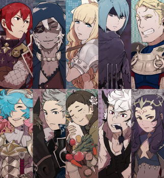 4boys 6+girls ahoge armor arthur_(fire_emblem_fates) beruka_(fire_emblem) blonde_hair blue_hood charlotte_(fire_emblem) eyepatch fire_emblem fire_emblem_fates flower hair_flower hair_ornament hayashishikaku5 headband hood hood_up keaton_(fire_emblem) long_hair looking_at_viewer mozu_(fire_emblem) multiple_boys multiple_girls niles_(fire_emblem) nintendo nyx_(fire_emblem) peri_(fire_emblem) selena_(fire_emblem_fates) silas_(fire_emblem)