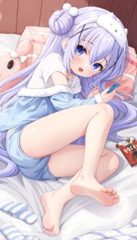 1girl absurdres barefoot blue_eyes blue_hair blue_shorts commentary comodox english_commentary feet gochuumon_wa_usagi_desu_ka? hair_bun hair_ornament highres jacket kafuu_chino large_variant_set loli long_hair looking_at_viewer lying on_side shirt shorts smile socks soles solo striped_clothes striped_socks toes unworn_socks variant_set white_shirt x_hair_ornament