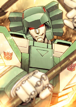 decepticon glowing glowing_eyes head_tilt holding holding_weapon leozack mecha no_humans parted_lips red_eyes robot smile transformers transformers_victory upper_body weapon yorozu