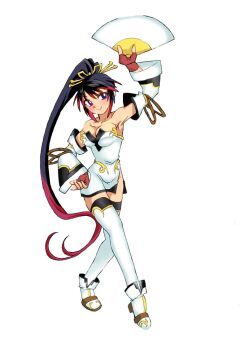 1girl arms_up bandai_namco bare_shoulders black_hair blush body_control boots breasts brown_eyes cleavage commentary commentary_request crossover dancing dress fingerless_gloves folding_fan gloves hand_fan hand_on_own_hip high_heel_boots high_heels holding holding_fan long_hair long_sleeves looking_to_the_side mixed-language_commentary monolith_soft multicolored_hair nanbu_kaguya onnaski partial_commentary ponytail project_x_zone red_gloves red_hair rope smile solo solo_focus super_robot_wars super_robot_wars_og_saga_mugen_no_frontier thighhighs thighs white_boots