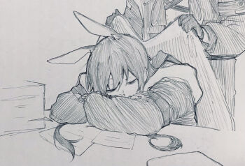 1girl 1other amiya_(arknights) animal_ear_fluff animal_ears arknights armband blanket closed_eyes commentary crossed_arms doctor_(arknights) gloves graphite_(medium) greyscale hair_between_eyes head_rest highres holding holding_blanket hood hood_down hooded_jacket jacket long_hair long_sleeves monochrome open_clothes open_jacket paper paper_stack photo_(medium) rabbit_ears senpuki sidelocks sketch sleeping table traditional_media upper_body
