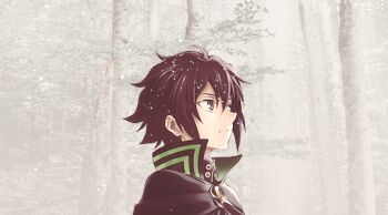 10s 1boy animated animated_gif black_hair branch brooch closed_mouth expressionless fog forest green_eyes high_collar hyakuya_yuuichirou jewelry looking_up male_focus military military_uniform nature owari_no_seraph snowing solo tree upper_body