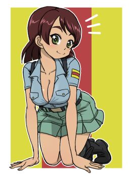 1girl aoshidan_school_uniform birthday black_shoes black_socks blue_shirt breasts brown_hair cleavage closed_mouth collarbone collared_shirt flag_background girls_und_panzer green_eyes green_skirt hands_on_ground kneeling large_breasts miniskirt pleated_skirt school_uniform shirt shoes short_hair skirt smile socks suspender_skirt suspenders takahashi_kurage tristana_(girls_und_panzer) v-neck yellow_background