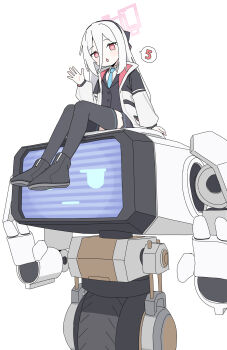 1girl absurdres ame_miya_ta arm_at_side black_boots black_hairband black_skirt black_thighhighs black_vest blue_archive blue_necktie boots bright_pupils collared_shirt commentary_request double-parted_bangs full_body hair_between_eyes hairband halo hand_up highres jacket jitome kei_(amas)_(blue_archive) kei_(blue_archive) kei_(new_body)_(blue_archive) legs_together long_hair long_sleeves looking_at_viewer miniskirt necktie on_head open_clothes open_jacket outstretched_hand pink_halo pleated_skirt rectangular_halo red_eyes robot shirt simple_background sitting sitting_on_head sitting_on_person skirt solo speech_bubble spoken_number thighhighs vest waving white_background white_hair white_jacket white_pupils white_shirt zettai_ryouiki