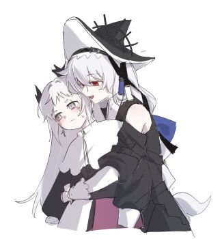 2girls arknights black_dress black_hat black_sleeves blush detached_sleeves dress earrings grey_eyes hat hat_ornament head_wings hug hug_from_behind irene_(arknights) jewelry long_hair long_sleeves muge_(aaa1479407) multiple_girls official_alternate_costume open_mouth red_eyes scar scar_across_eye scar_on_face sharp_teeth simple_background sketch smile specter_(arknights) specter_the_unchained_(arknights) sweatdrop teeth upper_body wavy_mouth white_background white_hair wings yuri