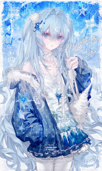 Rule 34 | 1girl, blue eyes, blue hair, blue jacket, blue theme, choker, collarbone, commission, cowboy shot, dress, eyelashes, frilled dress, frills, glasses, hair between eyes, hair intakes, hair ornament, happy birthday, highres, jacket, jewelry, long hair, long sleeves, looking at viewer, mihuashi commission, mole, mole under each eye, mole under eye, multiple moles, necklace, nnk (nongnong), original, pantyhose, parted lips, shell, shell hair ornament, sidelocks, solo, two side up, very long hair, watermark, white choker, white pantyhose
