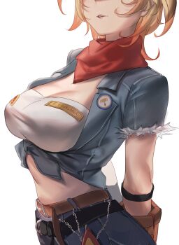 Rule 34 | absurdres, aragiken, bandana, belt, blonde hair, breasts, brown gloves, commentary, crop top, gloves, highres, hololive, hololive indonesia, kaela kovalskia, red bandana, stomach, virtual youtuber