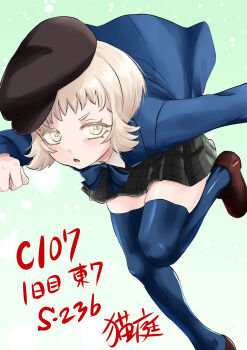 1girl beret black_hat black_skirt blonde_hair blue_jacket blue_thighhighs commentary_request grey_eyes hat highres jacket kantai_collection leaning_forward looking_to_the_side nekotarou_(nktr299) norge_(kancolle) pleated_skirt short_hair sideways_glance skirt solo thighhighs