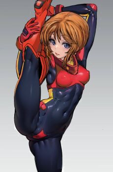 1girl black_bodysuit blush bodysuit breasts cameltoe commentary_request covered_erect_nipples covered_navel flexible gloves gundam gundam_zz highres holding_own_leg huo_ji_wu impossible_bodysuit impossible_clothes leg_lift leg_up looking_at_viewer mecha_pilot_suit medium_breasts orange_hair purple_eyes puru_two red_gloves shiny_clothes short_hair sidelocks skin_tight smile solo split spread_legs standing standing_on_one_leg standing_split