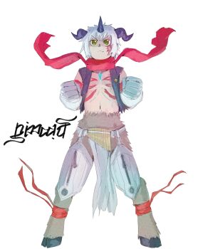Rule 34 | 1boy, aegiomon, animal legs, black horns, black vest, chest jewel, digimon, digimon (creature), full body, gloves, goat boy, highres, horns, male focus, nimadj, red scarf, scarf, short hair, simple background, solo, vest, white background, white gloves, white hair