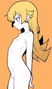 akableak blonde_hair blush highres hip_bones loli monogatari_(series) nude orange_background oshino_shinobu pointy_ears pussy ribs standing tagme