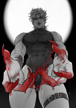1boy absurdres bara bare_shoulders belt black_leotard blonde_hair blood blood_drip blood_on_hands bulge commentary covered_abs covered_navel covered_pectorals cowboy_shot dio_brando earrings english_commentary fingernails foreshortening from_below gluteal_fold heattech_leotard highleg highleg_leotard highres jewelry jojo_no_kimyou_na_bouken large_pectorals leotard lips long_fingernails looking_at_viewer male_focus medium_hair monochrome muscular noquelle pectorals red_eyes scar scar_on_neck signature simple_background skin_tight sleeveless sleeveless_turtleneck smile solo spot_color standing stardust_crusaders stitched_neck stitches thick_thighs thigh_belt thigh_strap thighs turtleneck