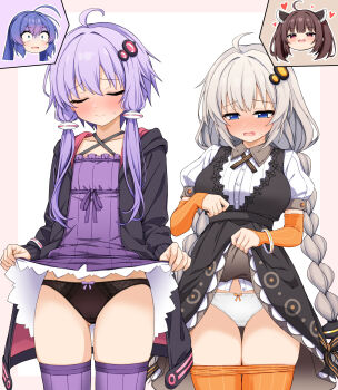 2girls absurdres ahoge black_panties blue_eyes blush braid breasts closed_eyes clothes_lift clothes_pull commentary flat_chest highres kizuna_akari large_breasts lifting_own_clothes long_hair mac_4229 multiple_girls otomachi_una panties pantyhose pantyhose_pull purple_hair shirt_lift short_hair short_hair_with_long_locks thighhighs touhoku_kiritan twin_braids underwear very_long_hair voiceroid white_hair white_panties yuzuki_yukari