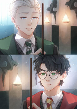 2boys black_hair blonde_hair blue_eyes closed_mouth collar draco_malfoy eyelashes glasses green_eyes gryffindor harry_potter harry_potter_(series) hogwarts_school_uniform holding holding_wand light_smile lightning_bolt_symbol male_focus messy_hair ming_cha multiple_boys necktie panels parted_lips raised_eyebrow scar scar_on_face scar_on_forehead school_uniform shirt short_hair slytherin striped_necktie teeth upper_body wand white_shirt wing_collar wizarding_world