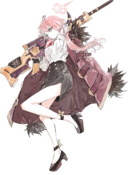 Rule 34 | 1girl, aru (blue archive), black skirt, blue archive, coat, gun, halo, highres, horns, konabetate, pink hair, rifle, shirt, skirt, sniper rifle, solo, weapon, white shirt