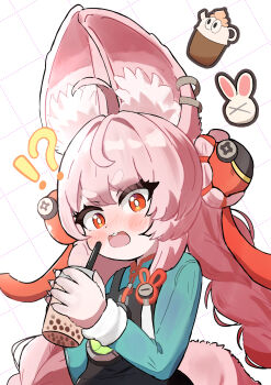 !? 1girl animal_ear_fluff animal_ear_piercing animal_ears animal_hands black_dress blue_shirt blush braid braided_twintails bright_pupils bubble_tea commentary cup donchiki27 dress furry furry_female hair_ornament highres holding holding_cup long_hair long_sleeves looking_at_viewer nose_blush open_mouth pinafore_dress pink_hair rabbit_ears rabbit_girl rabbit_tail red_eyes shirt sleeveless sleeveless_dress solo sphere_hair_ornament tail teeth thick_eyebrows twin_braids upper_body upper_teeth_only white_pupils zenless_zone_zero zhao_(zenless_zone_zero)