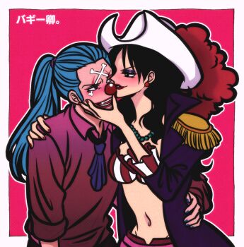 1boy 1girl alternate_costume alvida_(one_piece) bikini bikini_top_only black_eyes black_hair blue_hair blue_nails blush buggy_the_clown clown colored_eyelashes commentary_request couple cowboy_hat dokenobagi earrings epaulettes eyelashes facepaint hat hat_feather jewelry lips lipstick long_hair long_sleeves looking_at_another makeup nail_polish navel necklace necktie one_piece open_mouth pink_background pink_shirt ponytail purple_necktie red_lips red_nails red_nose shirt short_hair smile swimsuit translation_request white_hat