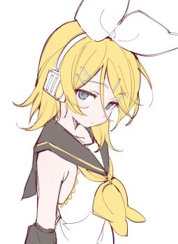 1girl black_collar blonde_hair blue_eyes breasts closed_mouth collar detached_sleeves flat_color headphones highres kagamine_rin looking_at_viewer medium_breasts rakugaki_ningen shirt simple_background sleeveless sleeveless_shirt solo vocaloid white_background white_shirt