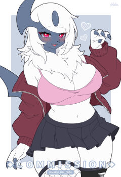 1girl absol animal_ears asymmetrical_legwear black_skirt black_thighhighs blush breasts commentary commission english_commentary fishnet_thighhighs fishnets furry furry_female gen_3_pokemon grey_background hand_up heart highres horns humanization jacket large_breasts long_sleeves medium_hair miniskirt mismatched_legwear mismatched_thighhighs mo_(k40633) navel nintendo open_clothes open_jacket pleated_skirt pokemon red_eyes red_jacket simple_background single_horn skirt smile solo stomach thighhighs torn_clothes torn_thighhighs unzipped white_hair