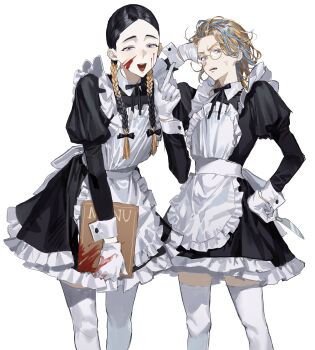 Rule 34 | 2boys, absurdres, alternate costume, anger vein, apron, black bow, black dress, black hair, blonde hair, blood, blood on face, blood on hands, blood splatter, blue hair, bow, braid, brothers, chamuring, collared dress, crossdressing, crossdressing (mtf), dress, dress bow, earrings, frilled apron, frilled dress, frills, gloves, hair bow, haitani ran, haitani rindou, highres, holding, holding menu, jewelry, juliet sleeves, long hair, long sleeves, maid, maid apron, male focus, male maid, medium hair, menu, multicolored hair, multiple boys, puffy sleeves, purple eyes, round eyewear, siblings, simple background, single earring, smile, streaked hair, thighhighs, tokyo revengers, trap, twin braids, two-tone hair, white apron, white background, white gloves, white thighhighs, wolf cut