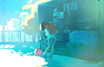 Rule 34 | 1girl, akatsukireii, backpack, bag, commentary request, creature, day, freezer, highres, kuze shizuka, outdoors, randoseru, short hair, shorts, sunlight, takopii, takopii no genzai, vending machine