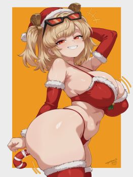 1girl anal anal_object_insertion argonchann bikini black-framed_eyewear blonde_hair border breasts burnice_white candy candy_cane commentary detached_sleeves english_commentary eyewear_on_head food from_side fur-trimmed_bikini fur-trimmed_headwear fur-trimmed_sleeves fur-trimmed_thighhighs fur_trim grin hat highres huge_breasts looking_at_viewer medium_hair navel notice_lines object_insertion orange_background outside_border parted_lips red-tinted_eyewear red_bikini red_eyes red_hat red_sleeves red_thighhighs santa_bikini santa_costume santa_hat simple_background smile solo swimsuit thighhighs tinted_eyewear white_border zenless_zone_zero