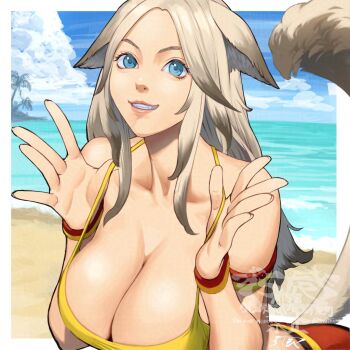 1girl 5tatsu animal_ears armlet bare_shoulders beach blue_eyes breasts cleavage cloud cloudy_sky collarbone grin jewelry kemonomimi_mode large_breasts ocean original palm_tree parted_lips shirt sky smile solo strap_pull tail teeth tree upper_body yellow_shirt