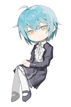 Rule 34 | 1girl, angela (project moon), ascot, blue dress, blue gem, blue hair, blue shoes, brooch, closed mouth, deformed, dgtglfhpsj, double-parted bangs, dress, full body, gem, hands on lap, highres, invisible chair, jewelry, library of ruina, long sleeves, looking at viewer, mary janes, neck ribbon, own hands together, project moon, ribbon, shoes, short hair, sidelocks, simple background, sitting, socks, solo, white ascot, white background, white ribbon, white socks, yellow eyes