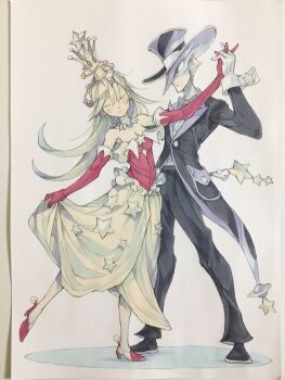 1boy 1girl arm_up bare_shoulders bird_mask black_bow black_bowtie black_hat black_jacket black_pants black_shoes black_suit blonde_hair bow bowtie breasts buttons cleavage closed_eyes closed_mouth clothing_cutout commentary crown cutout_above_navel elbow_gloves eye_mask formal_clothes frills gloves hair_ornament hand_up hat high_heels highres holding_hands interlocked_fingers jacket jewelry lapels long_hair mask medium_breasts necklace original pants peaked_lapels peter_salt planet_hair_ornament red_gloves red_shirt red_shoes shirt shoes short_hair skirt skirt_hold smile standing standing_on_one_leg star_(symbol) star_ornament strapless strapless_shirt suit suit_jacket tall_crown top_hat traditional_media white_background white_gloves white_shirt yellow_skirt