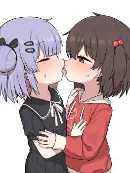 2girls absurdres blush closed_eyes commentary_request dress french_kiss hair_ornament highres hood kiss kodomo_doushi korean_commentary lakilolom loli mixed-language_commentary multiple_girls original paid_reward_available profile short_sleeves simple_background tongue variant_set white_background yuri