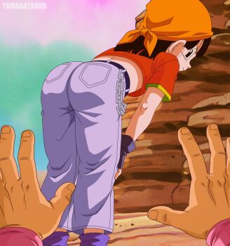 ass bandana bent_over black_eyes black_hair cropped_shirt derivative_work dragon_ball dragon_ball_gt from_behind grey_pants highres looking_at_viewer midriff orange_bandana pan_(dragon_ball) pants pov pov_hands red_shirt screenshot_redraw shirt son_goku yamakatsuro