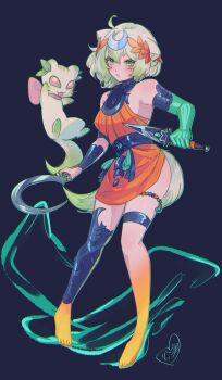 1girl ahoge animal animal_ears asymmetrical_legwear barefoot bob_cut cosplay dagger dress familiar feet ferret ferret_ears ferret_girl ferret_tail gradient_fur gradient_hair gradient_tail green_fur green_hair green_tail hades_(series) hades_2 hair_between_eyes head_wreath highres holding holding_dagger holding_knife holding_weapon knife kokomi_(aniesuakkaman) laimu_(vtuber) limon_(laimu) melinoe_(hades) melinoe_(hades)_(cosplay) mismatched_legwear multicolored_fur multicolored_hair multicolored_tail pink_eyes short_hair sickle tail thighs two-tone_fur two-tone_hair two-tone_tail vinesauce virtual_youtuber weapon white_fur white_hair white_tail wreath