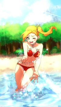 1girl bare_shoulders beach bikini blonde_hair blue_sky blush breasts calamity_jane_(fate) cleavage facial_tattoo fate/grand_order fate_(series) forehead green_eyes highres large_breasts long_hair looking_at_viewer navel niwaikanai one_eye_closed parted_bangs red_bikini shore side_ponytail sky solo star_(symbol) star_tattoo stomach_tattoo swimsuit tattoo thighs tree
