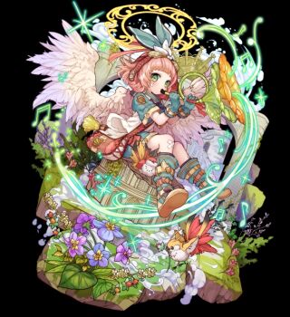 1girl angel angel_wings bag bird black_background blue_boots blue_gloves blue_jacket blue_shorts blunt_bangs boots building feathered_wings flower flying full_body gloves goggles goggles_on_head grass green_eyes green_ribbon halo harmonica_(merc_storia) highres holding holding_instrument instrument jacket leaf merc_storia merc_storia_art_team musical_note official_art pink_hair purple_flower ribbon short_sleeves shorts simple_background solo tachi-e white_wings wings