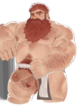 1boy bara beard beard_over_mouth belly blush clothing_aside cropped_legs dwarf erection facial_hair girthy_penis hairy highres huge_eyebrows huge_pectorals large_hands long_beard male_focus mature_male muscular muscular_legs muscular_male mustache nipples original overload_(nuhoangxitray) pelvic_curtain pelvic_curtain_aside penis solo sparse_leg_hair standing strongman_waist thick_arm_hair thick_leg_hair thick_mustache thick_navel_hair thick_testicle_hair thighs topless_male uncensored veins veiny_hands