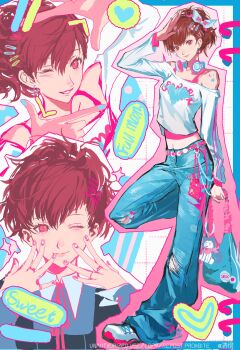 1girl bag belt blue_bag blue_border blue_nails blue_pants border character_charm charm_(object) corrupted_twitter_file denim earrings english_text finger_frame grid_background hair_ornament hairclip hand_up hashtag-only_commentary headphones headphones_around_neck heart heart_earrings highres holding holding_bag jeans jewelry koromaru_(persona) looking_at_viewer midriff multiple_views nail_polish navel off-shoulder_shirt off_shoulder one_eye_closed pants persona persona_3 persona_3_portable pink_belt pink_nails pink_tank_top ponytail qchng red_eyes red_hair salute shiomi_kotone shirt shoes smile sneakers sticker_on_shoulder tank_top torn_clothes torn_jeans torn_pants white_background white_shirt white_shoes