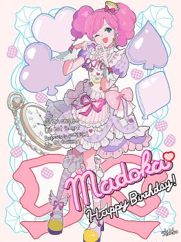 1girl ;d aikatsu! aikatsu!_(series) amahane_madoka balloon blue_eyes character_name club_(shape) commentary_request diamond_(shape) dress frilled_dress frills full_body hands_up happy_birthday heart heart_balloon heart_hands highres long_hair looking_at_viewer one_eye_closed open_mouth pink_hair pink_ribbon pocket_watch print_dress puffy_short_sleeves puffy_sleeves purple_dress ribbon shichiko_(kerori) shoes short_sleeves smile socks solo spade_(shape) standing striped_clothes striped_socks twintails watch wrist_cuffs