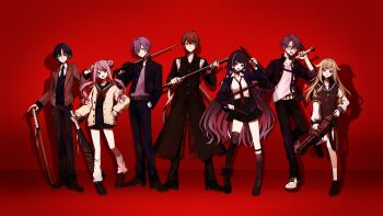 Rule 34 | 3boys, 4girls, absurdres, asymmetrical legwear, baseball bat, baton (weapon), belt, blonde hair, bokken, braid, brown eyes, brown hair, delinquent, everyone, gatling gun, gun, highres, himehina channel, hiodoshi ao, holding, holding gun, holding nunchaku, holding weapon, hololive, hololive dev is, jacket, kagami hayato, leg warmers, meloco kyoran, minigun, multicolored hair, multiple boys, multiple girls, necktie, nijisanji, nijisanji en, nunchaku, pink hair, pleated skirt, purple eyes, purple hair, red background, sakaki ness, school uniform, serafuku, side braids, skirt, streaked hair, striped clothes, striped jacket, suit jacket, suzuki hina, sword, tanaka hime, virtual youtuber, watarai hibari, weapon, wolf cut, wooden sword, yanagida shiina, yankee boy.yankee girl (vocaloid), yellow eyes