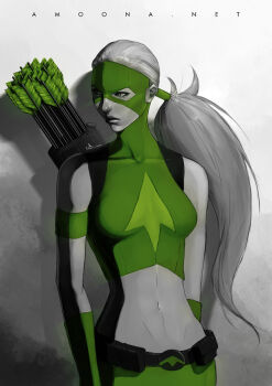 1girl amoona arrow_(projectile) artemis_crock artist_name belt dark_skin dark-skinned_female dc_comics female_focus gloves grey_background long_hair low_ponytail mask midriff navel ponytail quiver solo spot_color upper_body vambraces very_long_hair young_justice young_justice:_invasion