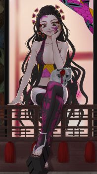 1girl absurdres black_hair black_nails daki_(kimetsu_no_yaiba) facial_mark forehead green_eyes highres kamyu114 kimetsu_no_yaiba long_hair nail_polish navel platform_clogs revealing_clothes skull smile toenail_polish toenails