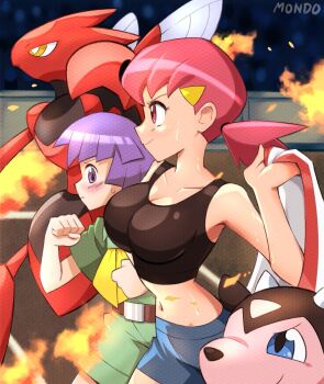 1boy 1girl belt belt_buckle blush breasts brown_belt buckle bugsy_(pokemon) cleavage clenched_hands closed_mouth collarbone commentary eyelashes fire from_side gen_2_pokemon green_shirt green_shorts hair_ornament hairclip hand_up highres holding_unworn_jacket looking_at_breasts miltank navel nintendo pink_eyes pink_hair pokemon pokemon_(creature) pokemon_hgss purple_eyes purple_hair scizor shirt short_hair short_sleeves shorts sideways_glance signature sleeveless sleeveless_shirt smile supermondobeat sweat whitney_(pokemon)