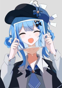 Rule 34 | 1girl, :d, ^ ^, absurdres, bird, black bow, blue bow, blue hair, blue necktie, blunt bangs, blush, bow, braid, braided hair rings, closed eyes, coat, collared shirt, commentary request, crying, facing viewer, grey background, hair bow, hair ornament, hair rings, hat, highres, holding, holding photo, long sleeves, mahou shoujo no majo saiban, necktie, official alternate costume, open clothes, open mouth, photo (object), shirt, sidelocks, simple background, smile, solo, srfgs, tachibana sherry, tears, twin braids, upper body, white shirt