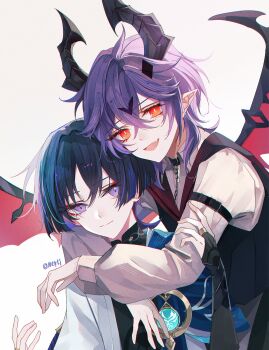 2boys anemo_symbol_(genshin_impact) arm_belt armor arms_around_neck belt belt_buckle bent_over black_belt black_bodysuit black_bridal_gauntlets black_hair black_horns black_vest blue_cape blue_gemstone blue_sleeves blunt_ends bodysuit bridal_gauntlets bright_pupils buckle cape choppy_bangs closed_mouth crossed_bangs dragon_horns dragon_wings durin_(real)_(genshin_impact) eyelashes eyeliner eyeshadow facial_mark fang forehead_mark gem genshin_impact gold_ring hand_on_another's_arm heads_together highres horns hug hug_from_behind humanization japanese_armor japanese_clothes kimono kote kurokote layered_sleeves leaning_on_person long_sleeves looking_at_viewer makeup mandarin_collar middle_ring mini_durin_(dragon)_(genshin_impact) mini_durin_(genshin_impact) mini_durin_(human)_(genshin_impact) multiple_boys neyti_(neytirv) open_clothes open_hand open_kimono open_mouth orange_eyes purple_eyes purple_hair red_eyeliner red_eyeshadow red_wings scaramouche_(genshin_impact) short_sleeves skin_fang slit_pupils smile spiked_wings split_mouth spoilers twitter_username vest vision_(genshin_impact) wanderer_(genshin_impact) white_background white_kimono white_pupils white_sleeves white_trim wings