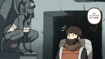 1boy 1girl armor artist_name backpack bag bear black_eyes breasts brown_hair brown_scarf claws closed_eyes colored_skin commentary demon_girl demon_horns demon_tail demon_wings dress english_commentary english_text fewer_digits full_body gargoyle grey_hair grey_skin highres horns indoors junkzero large_breasts leather_armor looking_at_another monster_girl original pedestal pointy_ears scarf solid_oval_eyes speech_bubble squatting tail thighs twitter_username white_dress wings